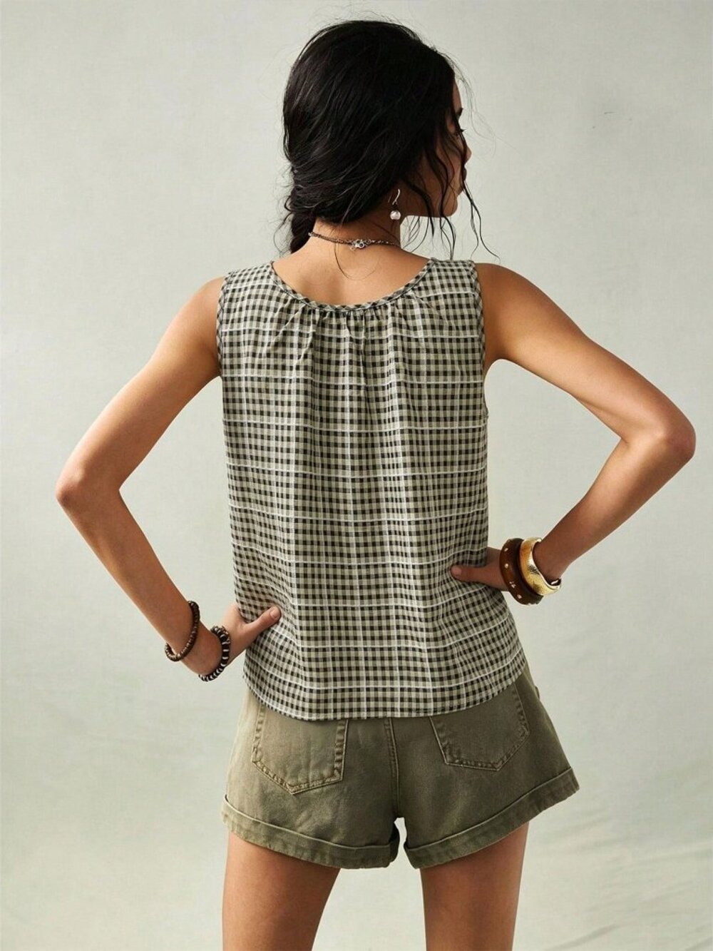 Boho Women's Gingham Embroidered Sleeveless Square Neck Tassel Front Blouse - Picture 2 of 8